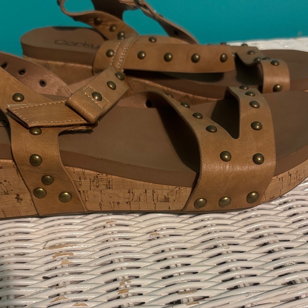 Corkys Tan Studded Cork Wedge Sandals - Women's - Picture 5 of 8